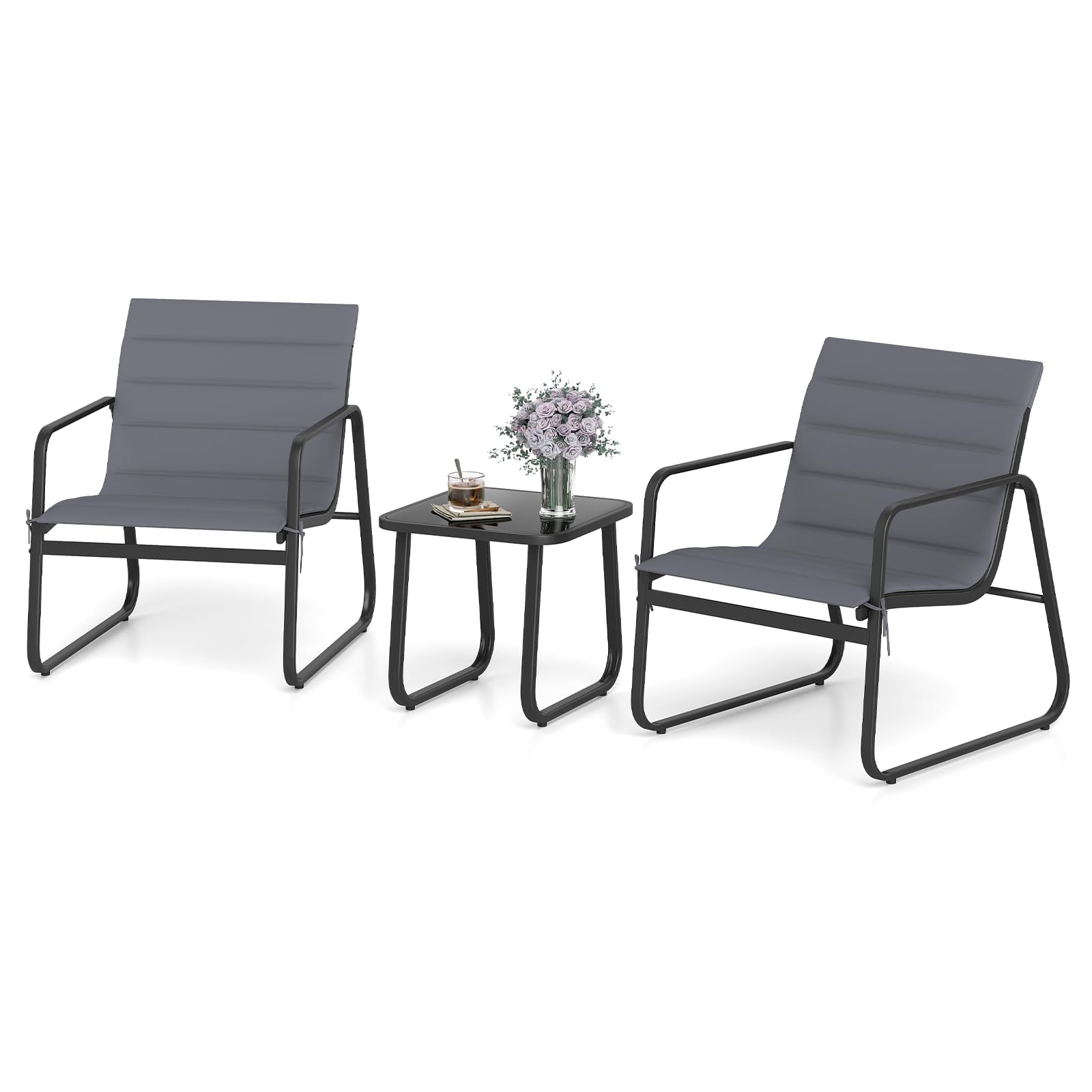 3 Piece Patio Bistro Set with Removable Cushions and Tempered Glass Ta ...