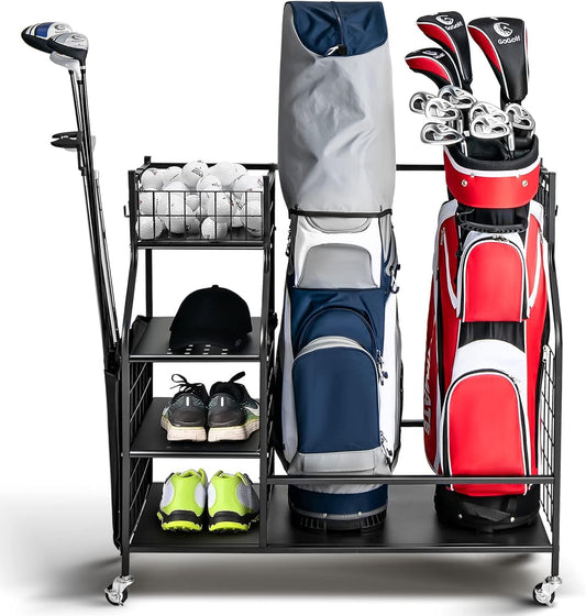 Double Golf Bag Storage Rack for Garage with Lockable Universal Wheels