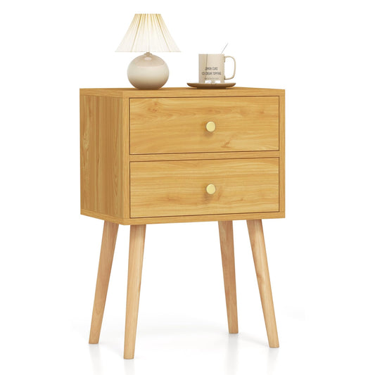 2-Drawer Nightstand with Solid Wood Legs for Bedroom