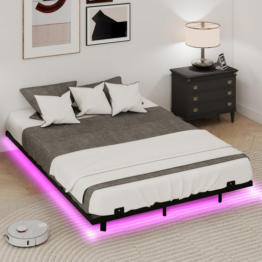 Double/King Size Floating Bed Frame with LED Lights, 4FT6/5FT Metal Slat Support Bedstead Platform Bed