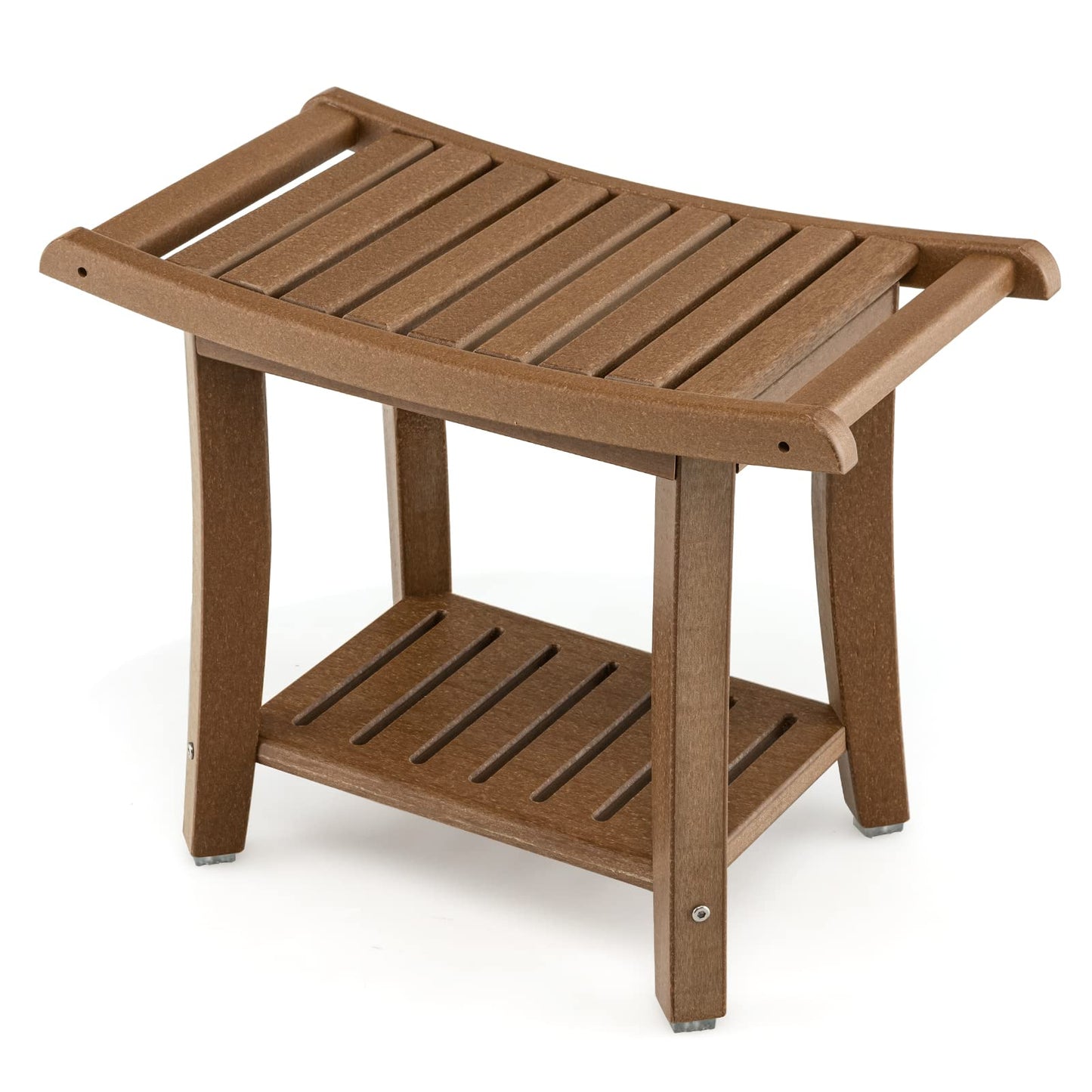 2-Tier Slatted Spa Bath Stool with Storage Shelf & Handles