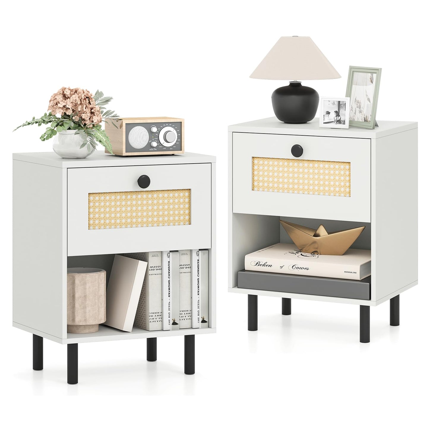 Rattan Nightstand with Drawer and Open Storage Shelf for Living Room