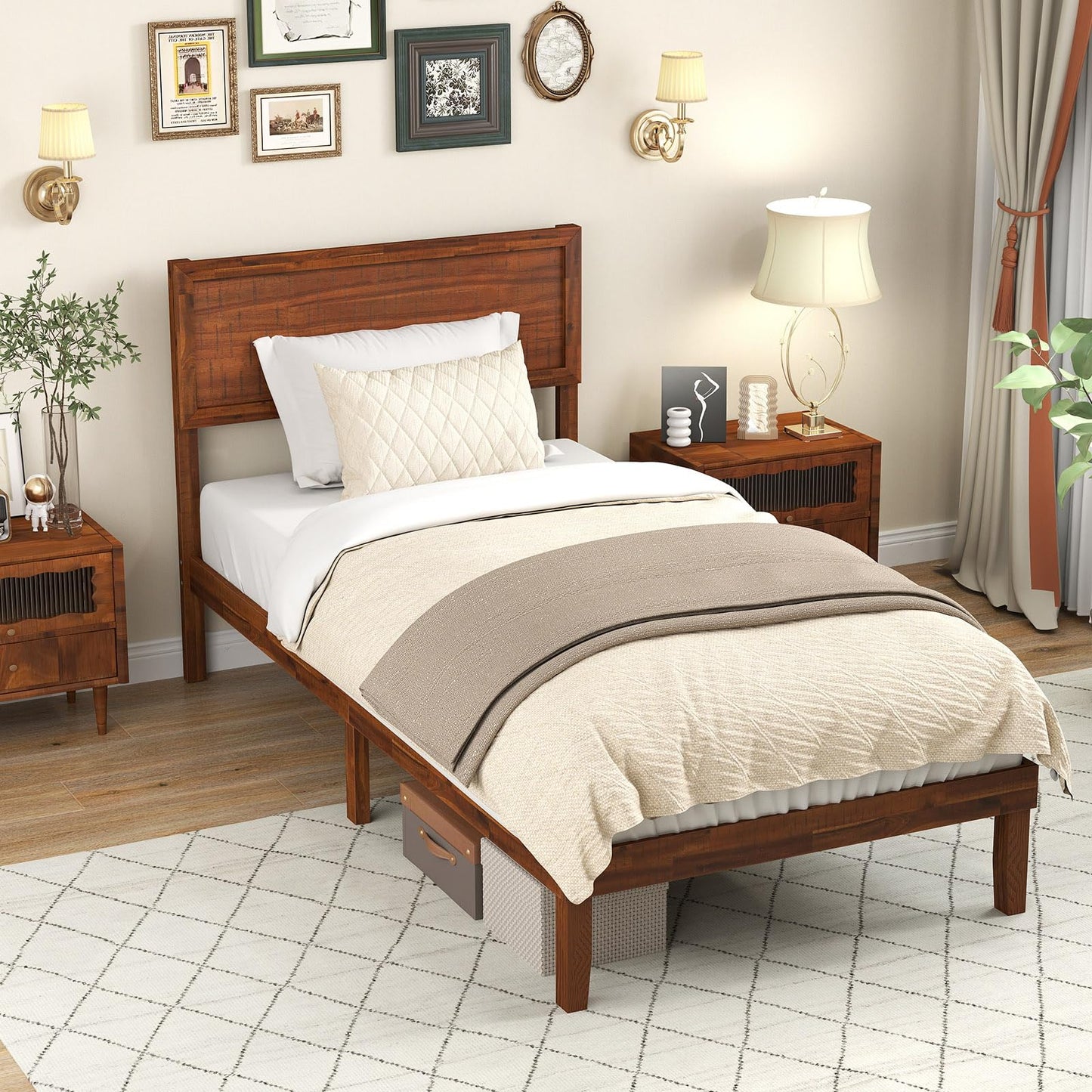 Bed Frame with Headboard and Slats Support
