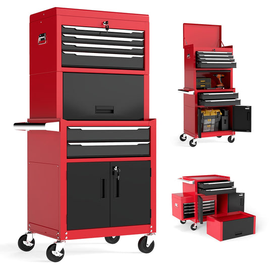 6 Drawer Rolling Tool Chest with Universal Wheels and Hooks