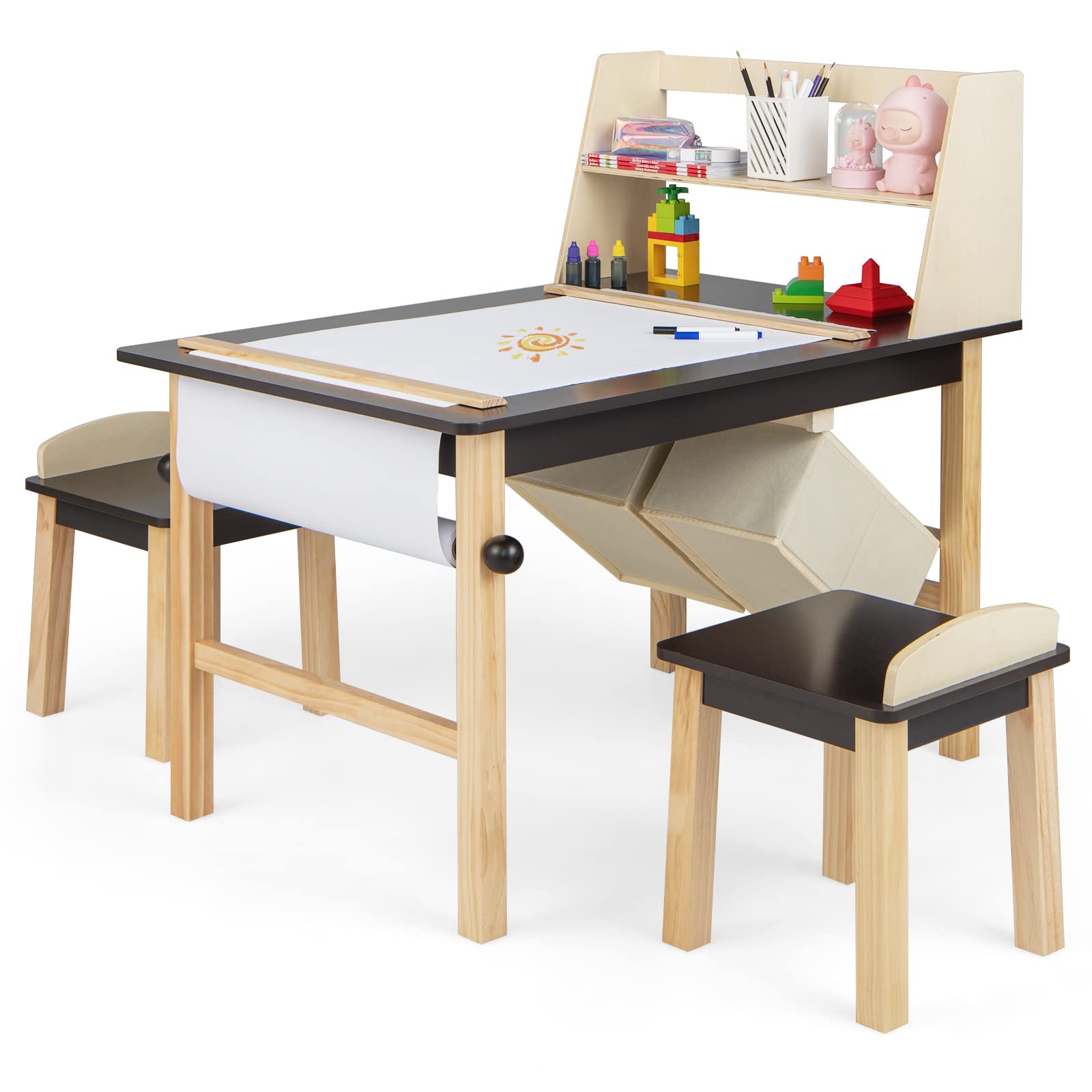 Kids Art Table and Chairs Set, Wooden Toddler Craft Desk with