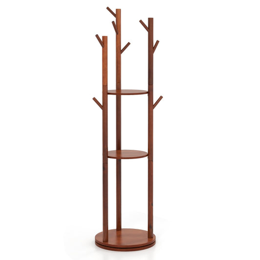 Freestanding Wooden Coat Rack Stand with 3 Display Storage Shelves and 9 Hooks