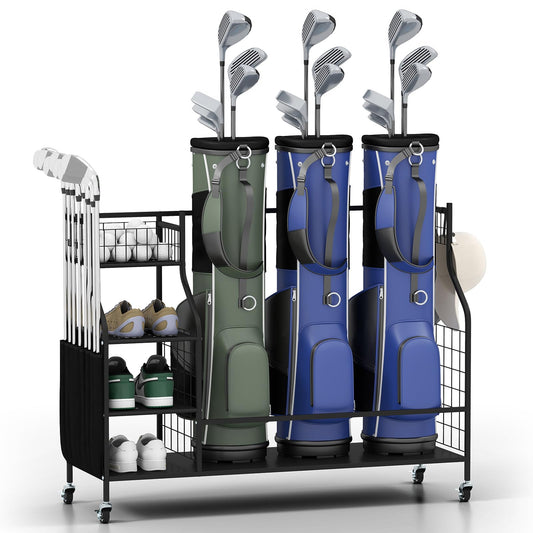 3 Golf Bag Stand for Clubs with Lockable Wheels and Removable Hooks