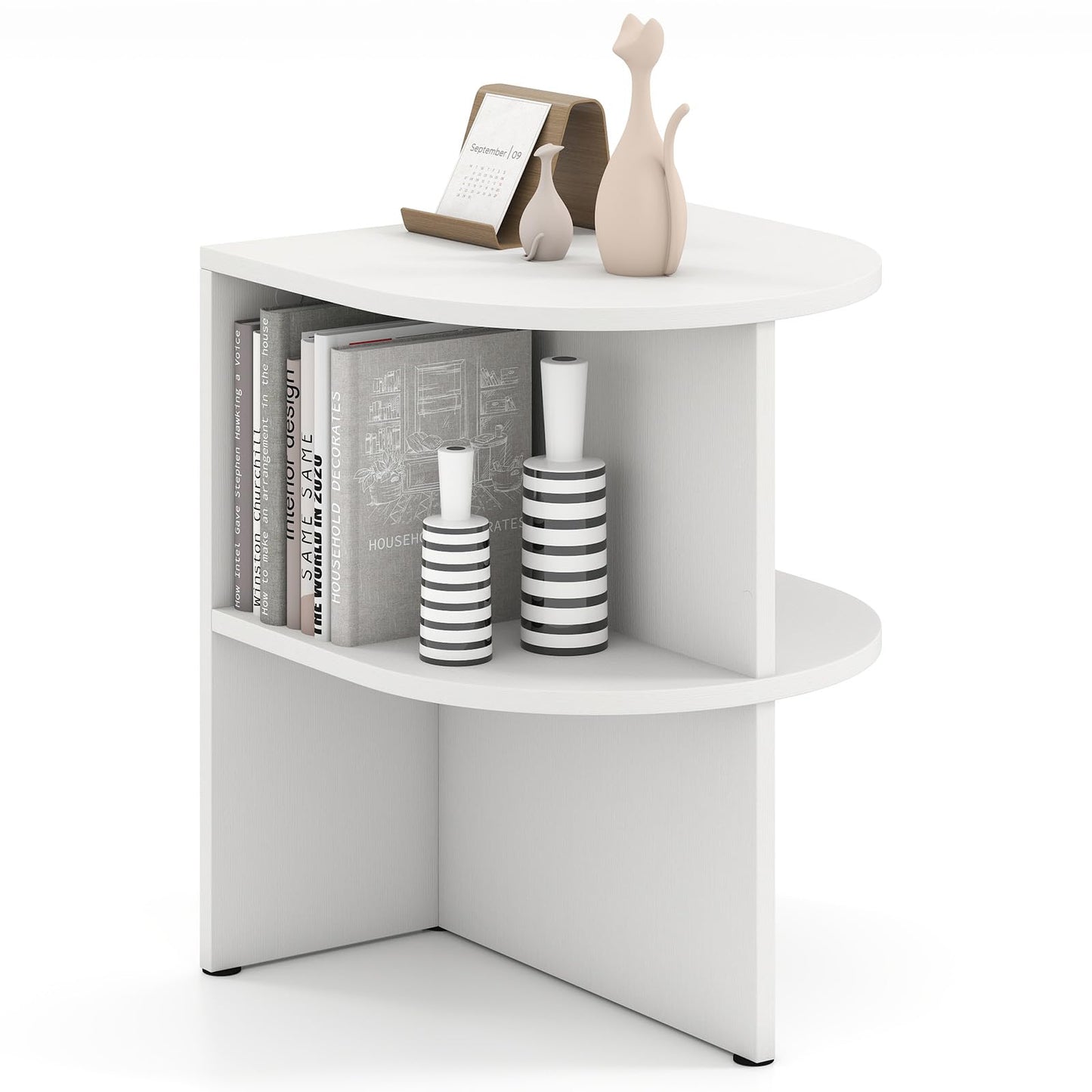2-Tier Wooden Half Round Side Table with Open Storage Shelves
