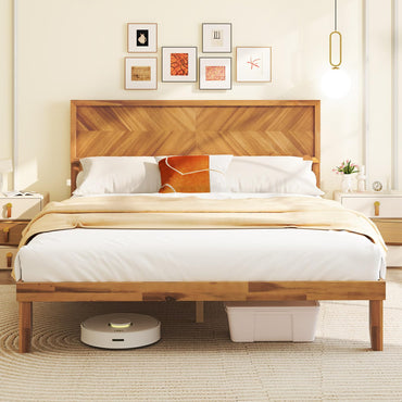 Mid-Century Acacia Wood Bed Frame with Headboard