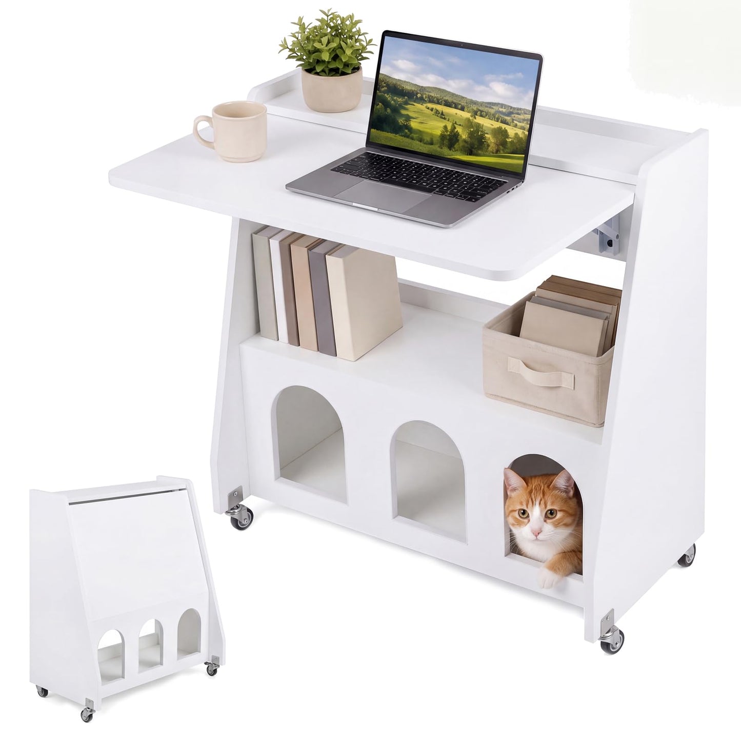 Folding Desk on Wheels, Convertible Drop Leaf Writing Desk