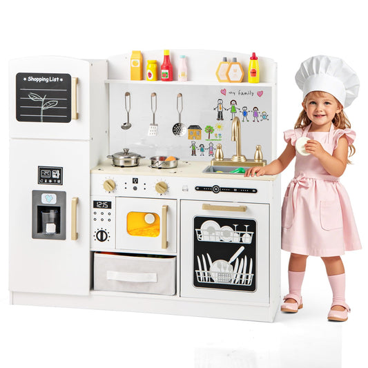 Kids Wooden Kitchen Playset Pretend Play with Chalkboard and Ice Maker