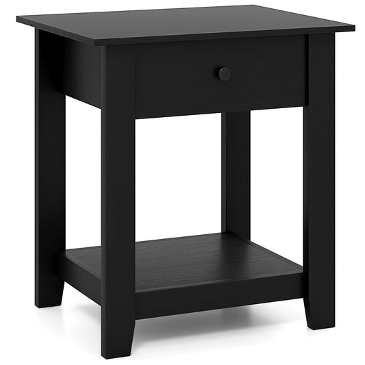 Wooden Nightstand End Sofa Side Table with Drawer and Open Shelf