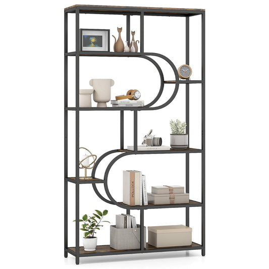 Industrial Etagere Bookcase with Open Storage Shelves and Metal Frame
