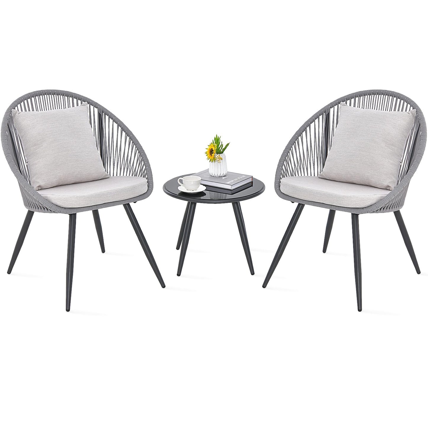 String Patio Bistro Set with 2 Chairs and Glass Coffee Table