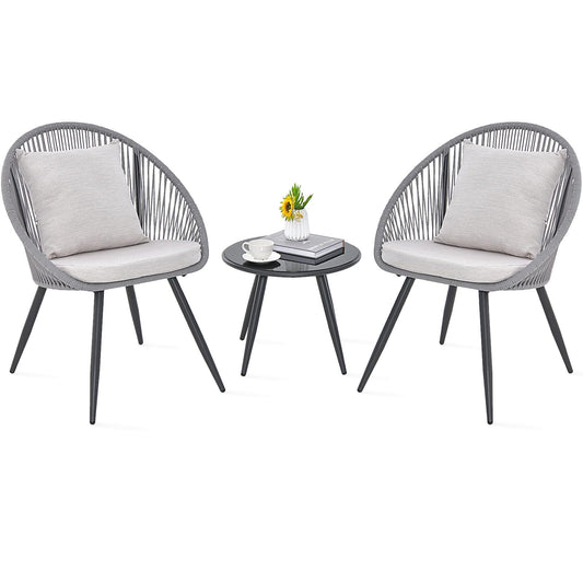 String Patio Bistro Set with 2 Chairs and Glass Coffee Table