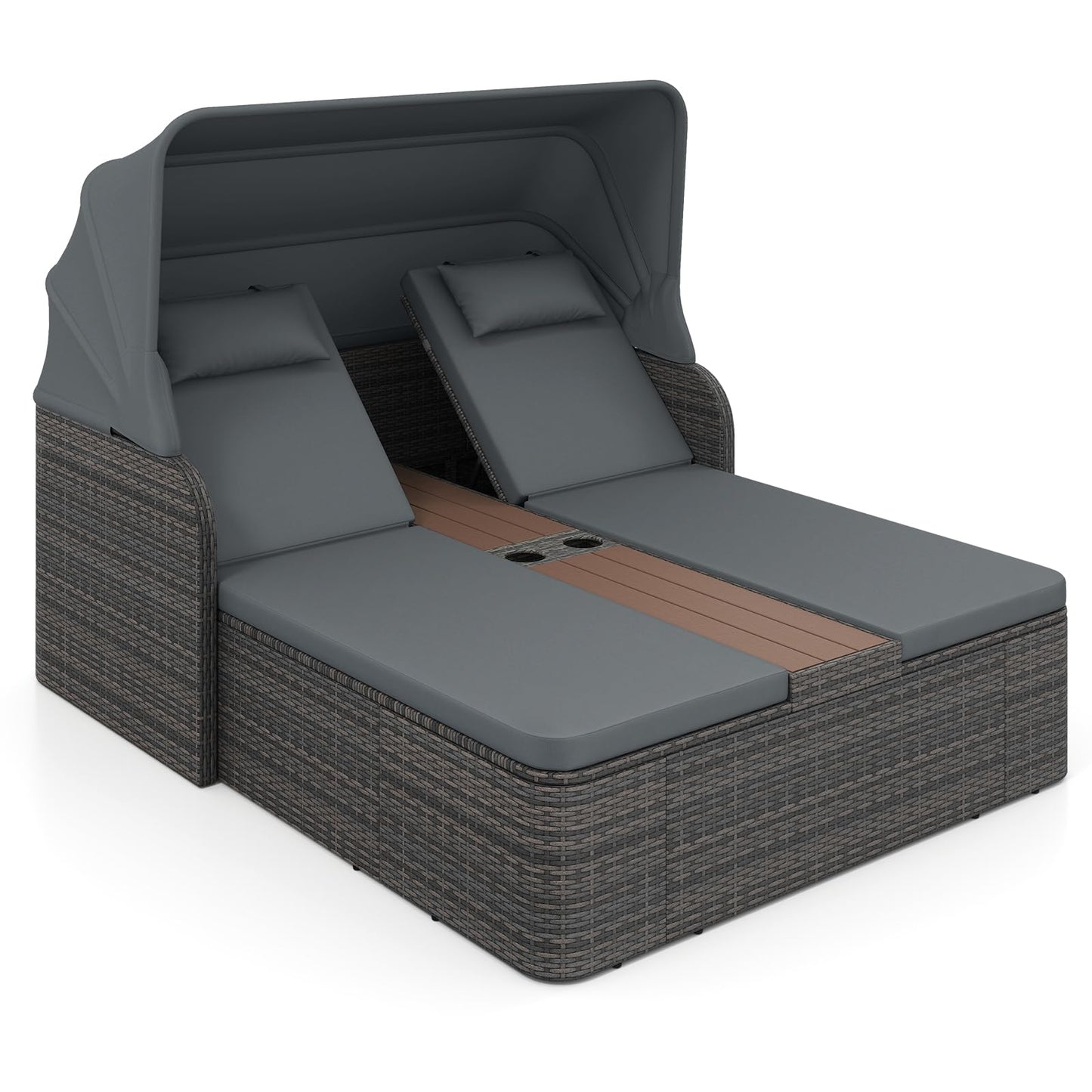 Garden Daybed, 2 Seater Rattan Sofa Sun Lounger with Canopy