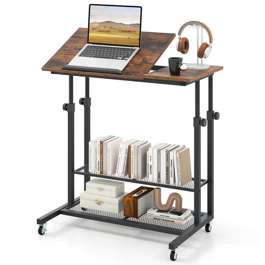 80 x 50cm Height Adjustable Mobile Laptop Table Computer Desk with Tilting Tabletop