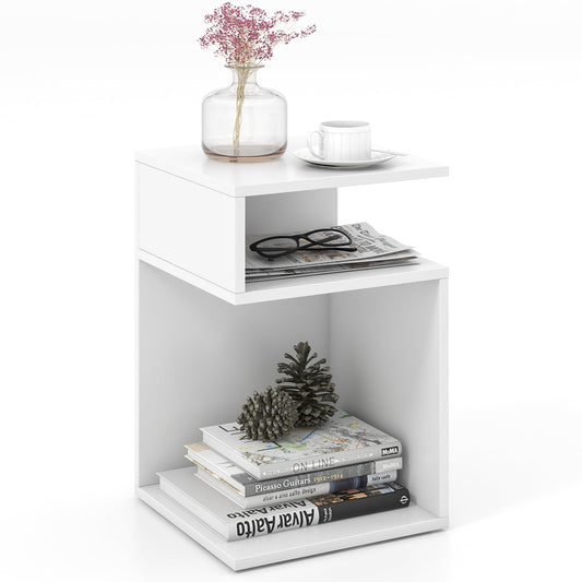 S-Shaped Side Table with 2 Open Compartments for Small Space
