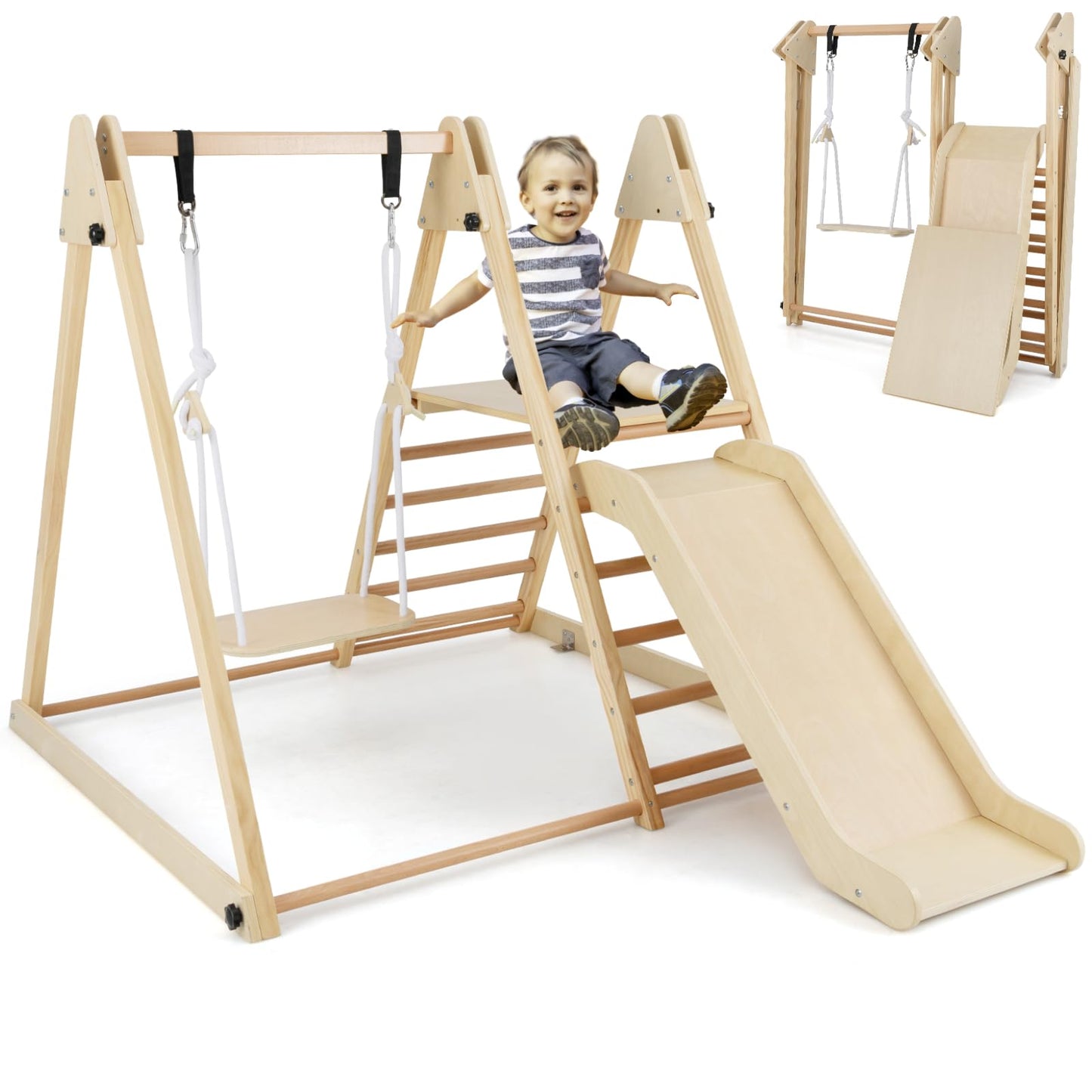 3-in-1 Foldable Indoor Jungle Gym Wooden Climbing Toys with Swing