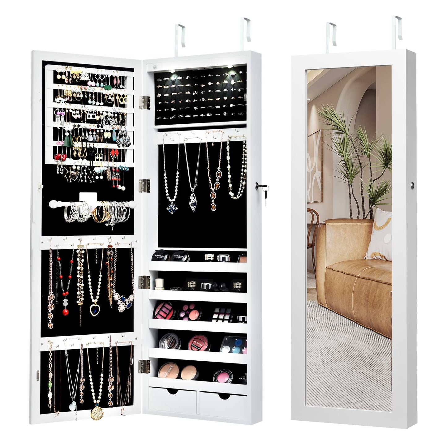 Lockable Jewelry Cabinet with Full Length Mirror and LED Lights