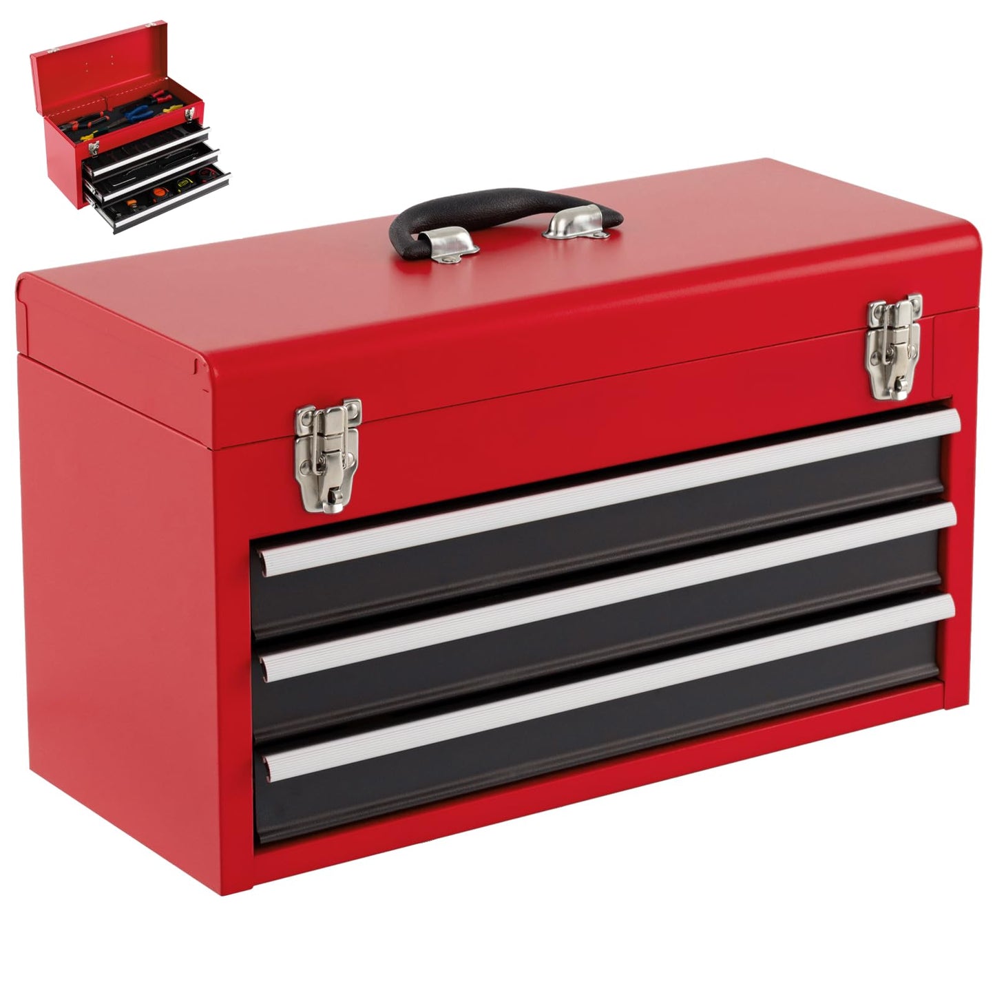 Portable Steel Tool Box with 3 Drawers and Top Storage Tray