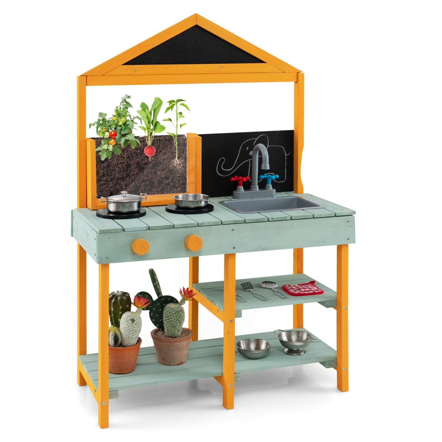 Kids Mud Kitchen Outdoor Kitchen Playset with Educational Plant Viewer