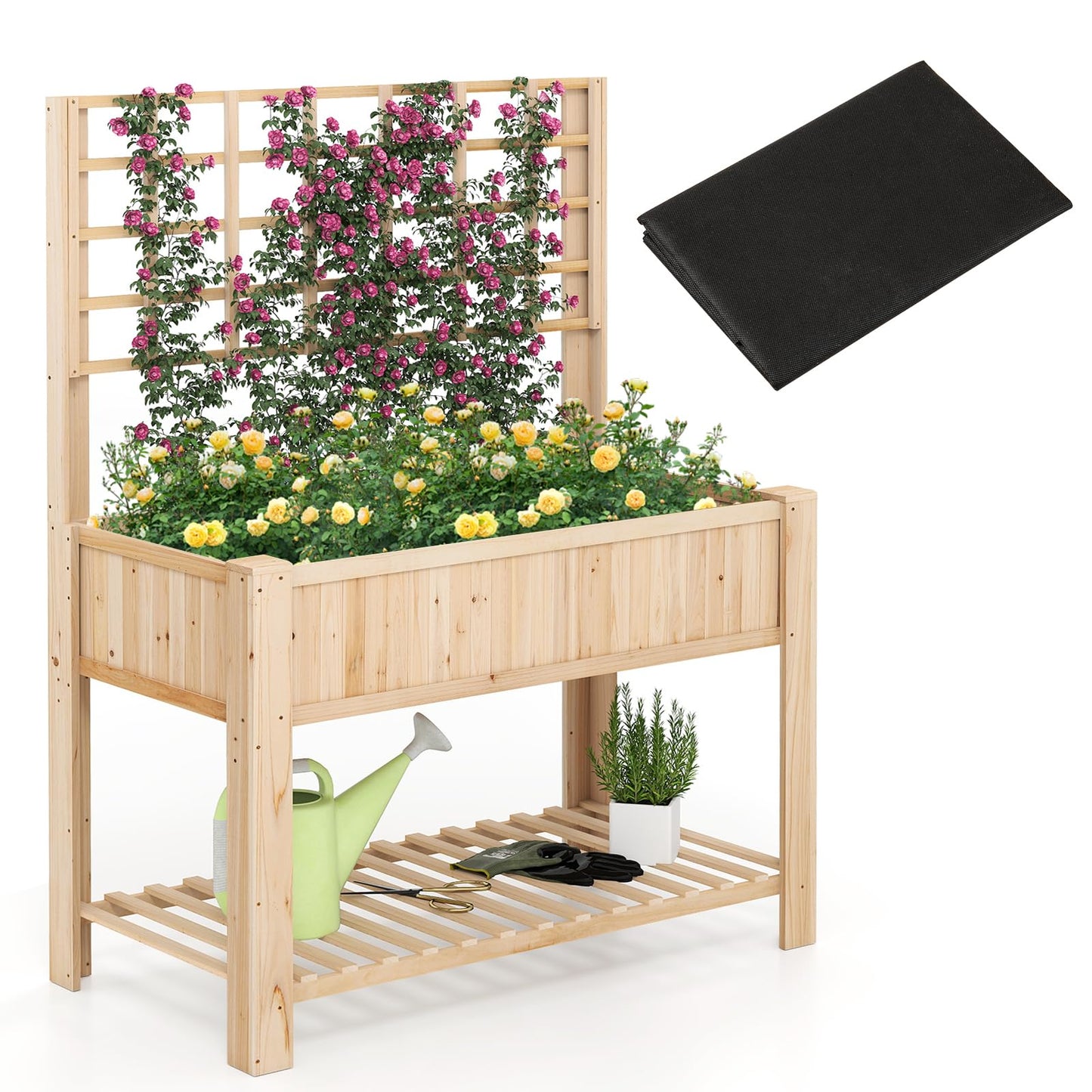 2 Tier Raised Garden Bed with Trellis for Climbing Plants Vines Fruit
