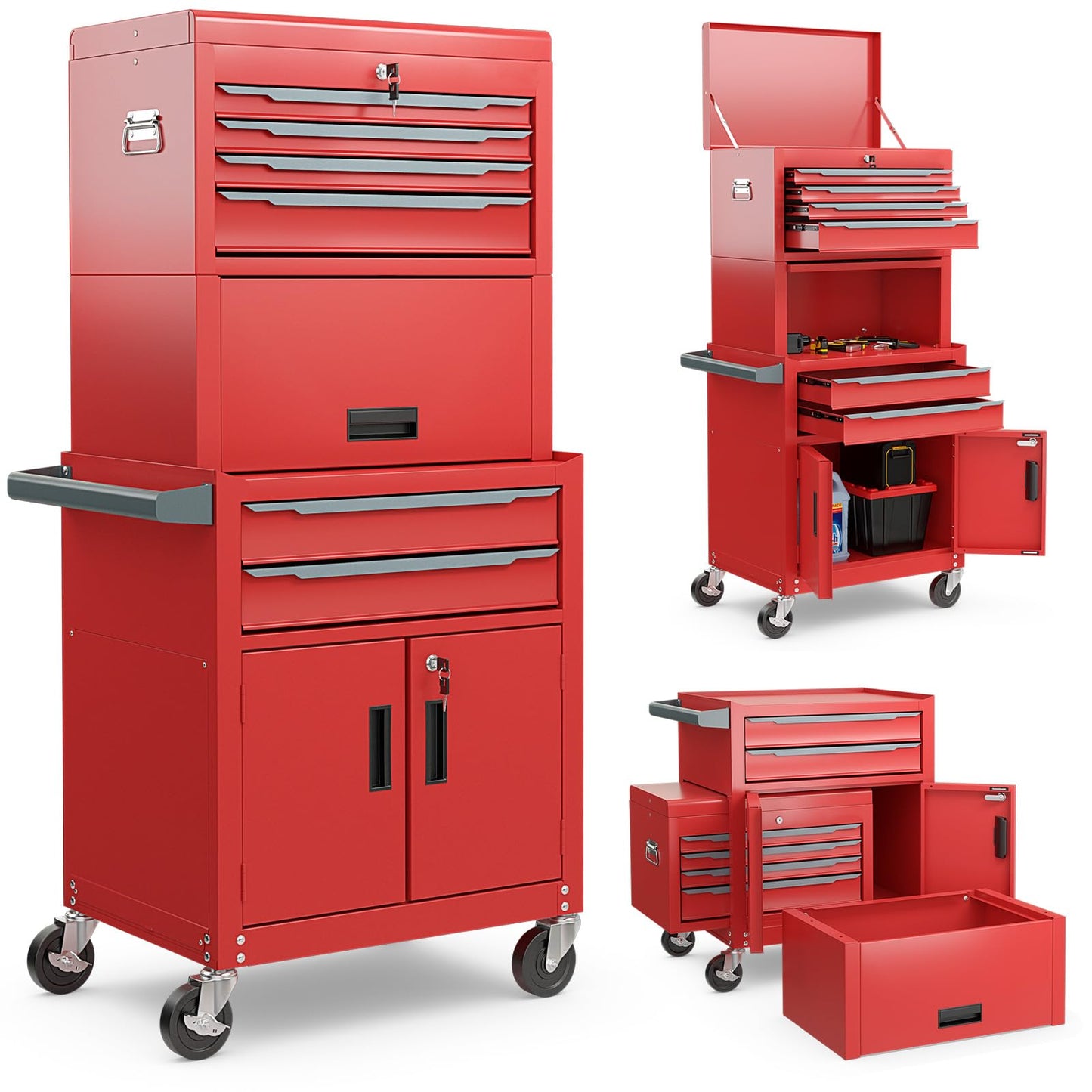 6 Drawer Rolling Tool Chest with Universal Wheels and Hooks