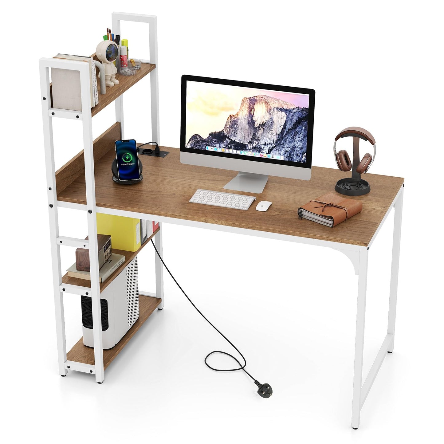 Computer Desk with Power Strip 120 CM Study Writing Desk with Bookshelf