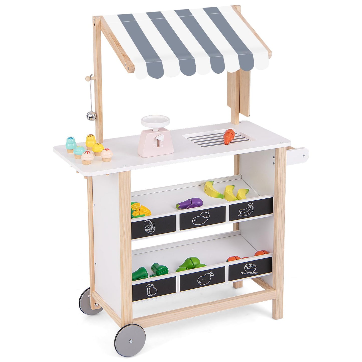 Kids Wooden Grocery Store Playset with 6 Pieces Play Food