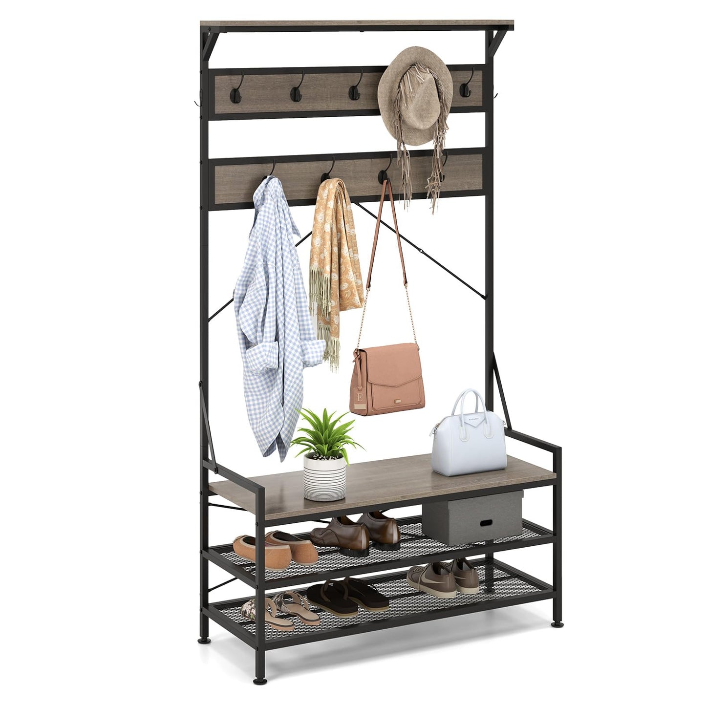 4 In 1 Coat Rack with 11 Hanging Hooks and Shoe Bench for Mudroom