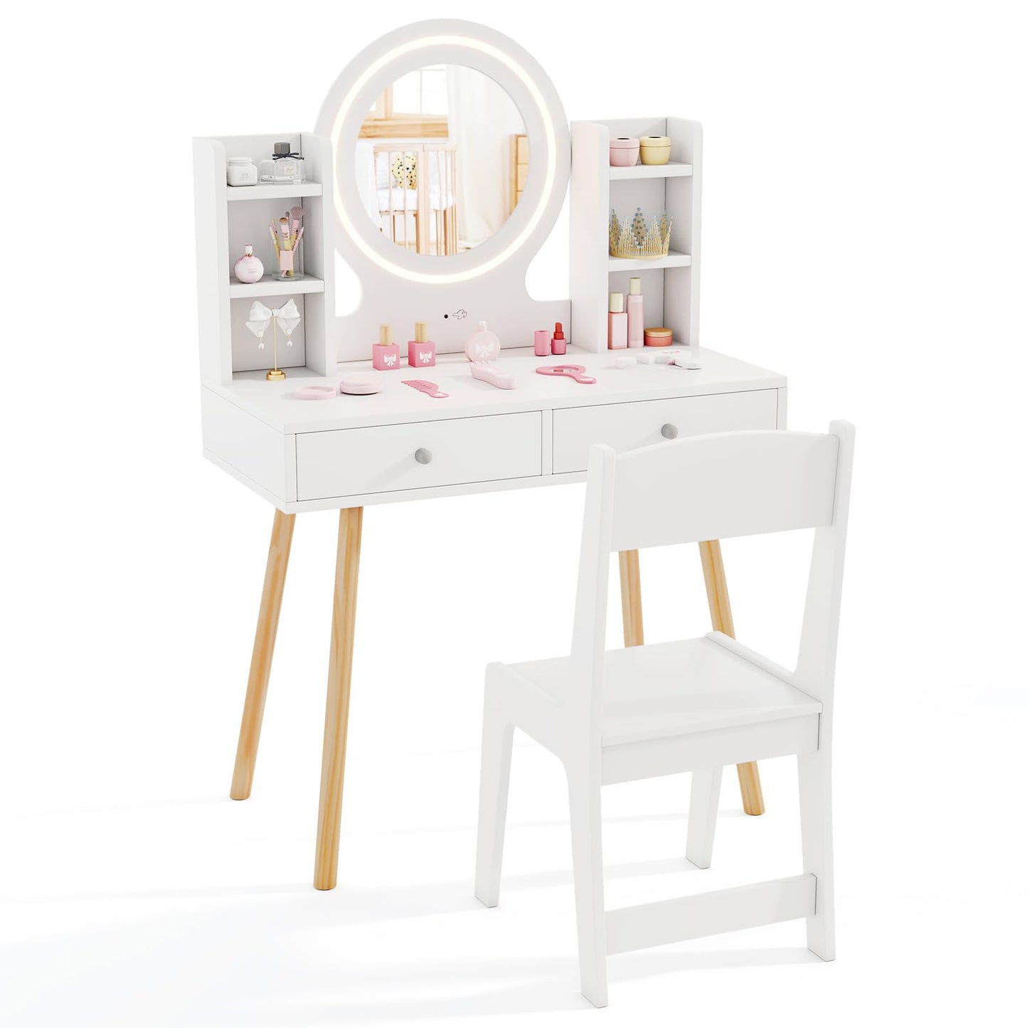 Kids Princess Vanity Desk Set with 2 Color LED Lighted Acrylic Mirror