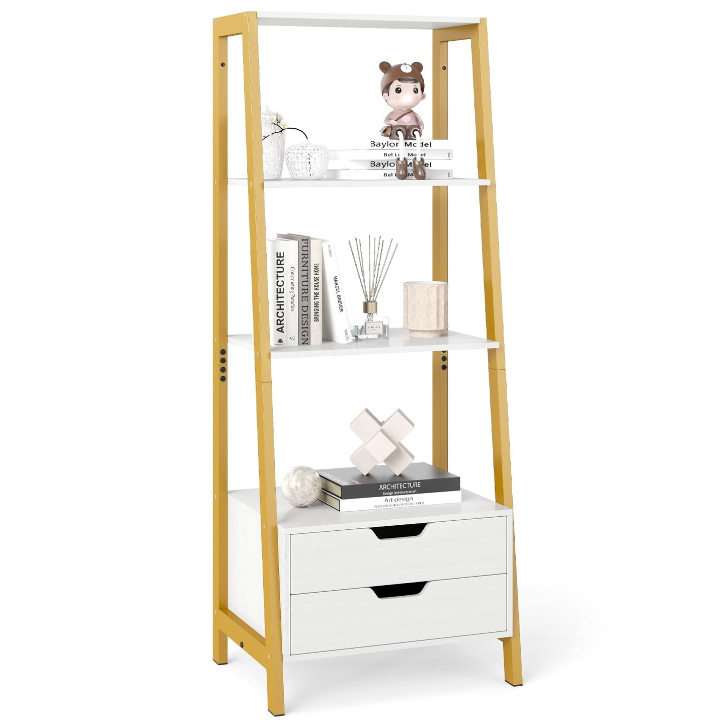 Ladder Bookshelf with Storage with 4 Open Shelves and 2 Drawers