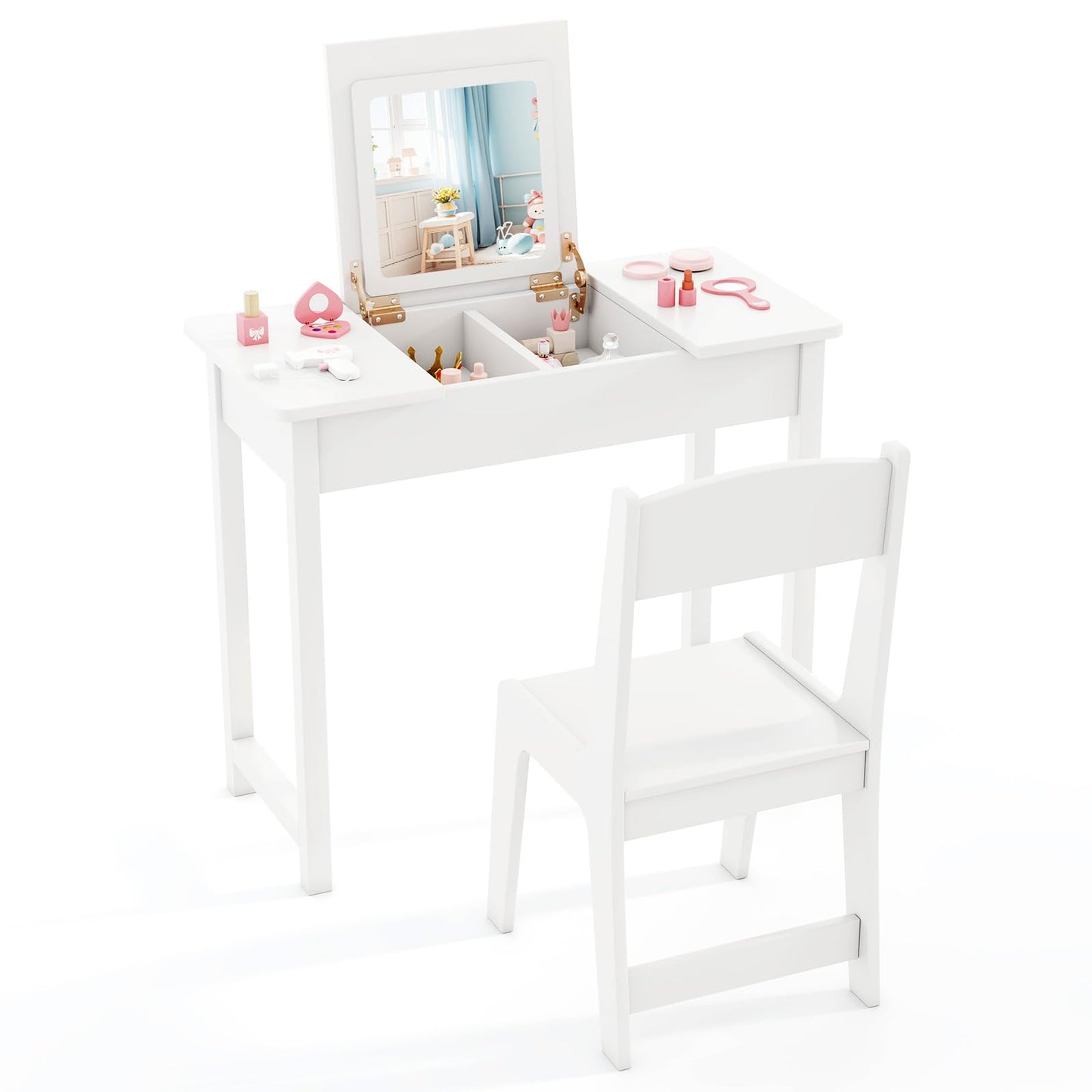 2 in 1 Kids Vanity Table and Chair Set with Flip Top Mirror Hidden Storage