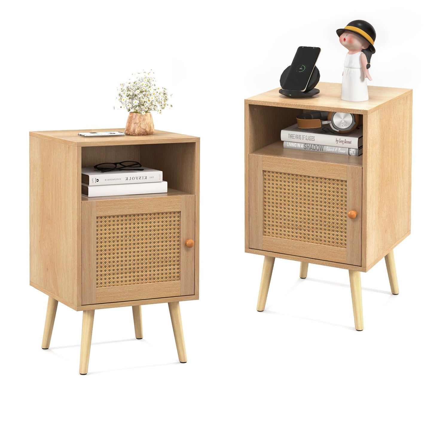 Rattan Nightstand with Storage and PE Rattan Decorated Door