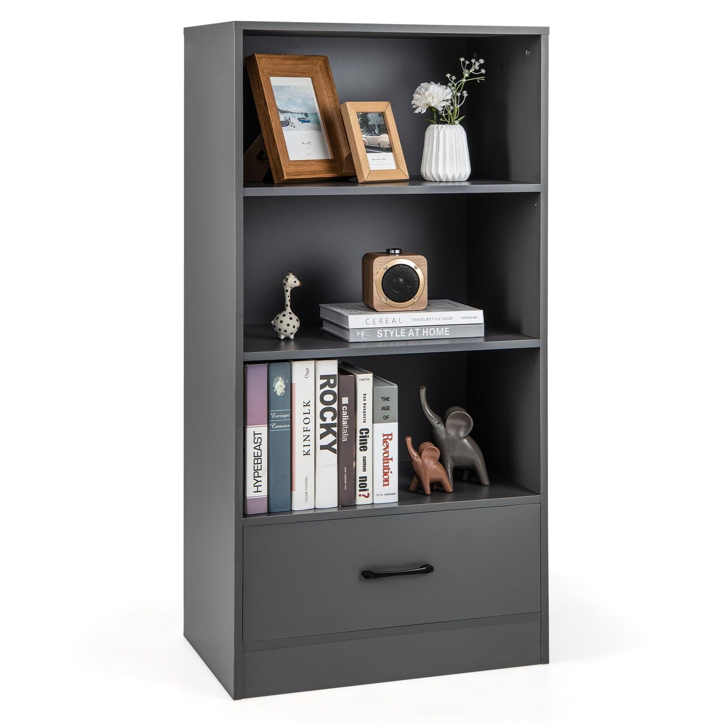 Wooden Storage Bookshelf Cabinet with 3 Tier Open Shelves and Drawer
