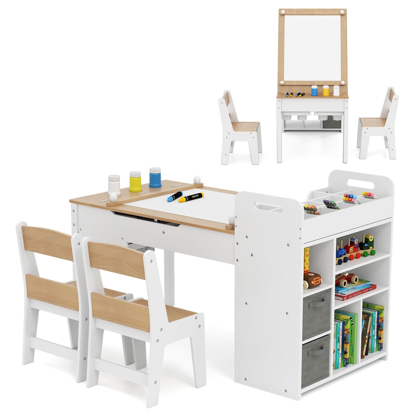 Kids Art Craft Table and Chairs Set with Paper Roll Flip up Tabletop