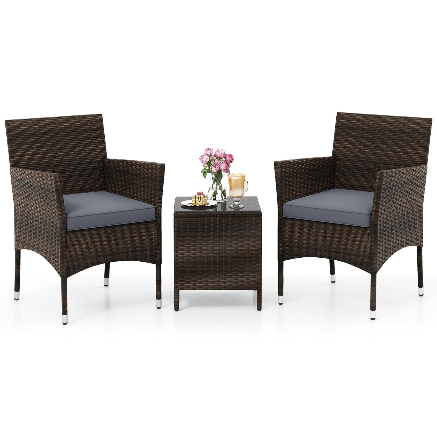 3 Pieces Patio Rattan Furniture Set with Soft Cushions and Glass Top Table