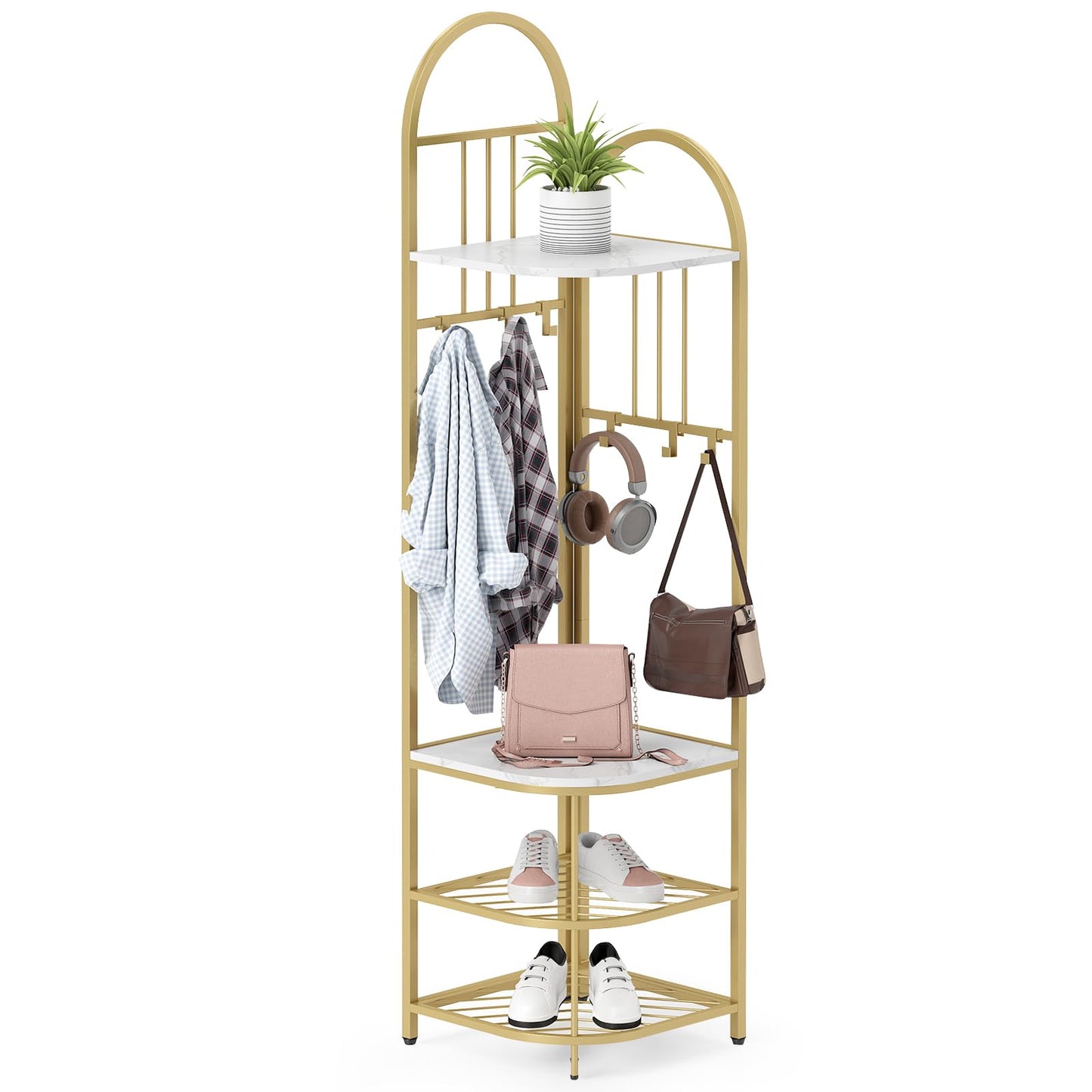 Corner Hall Tree 4 Tier Coat Rack with Storage Bench and Hooks