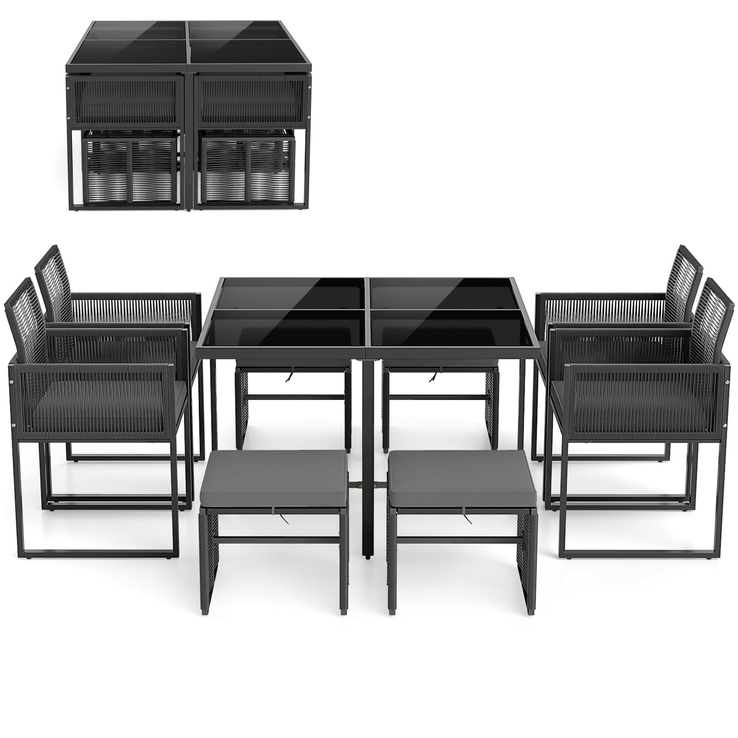 5 or 9 Pieces Patio Dining Set with PE Rattan Chairs and Tempered Glass Table