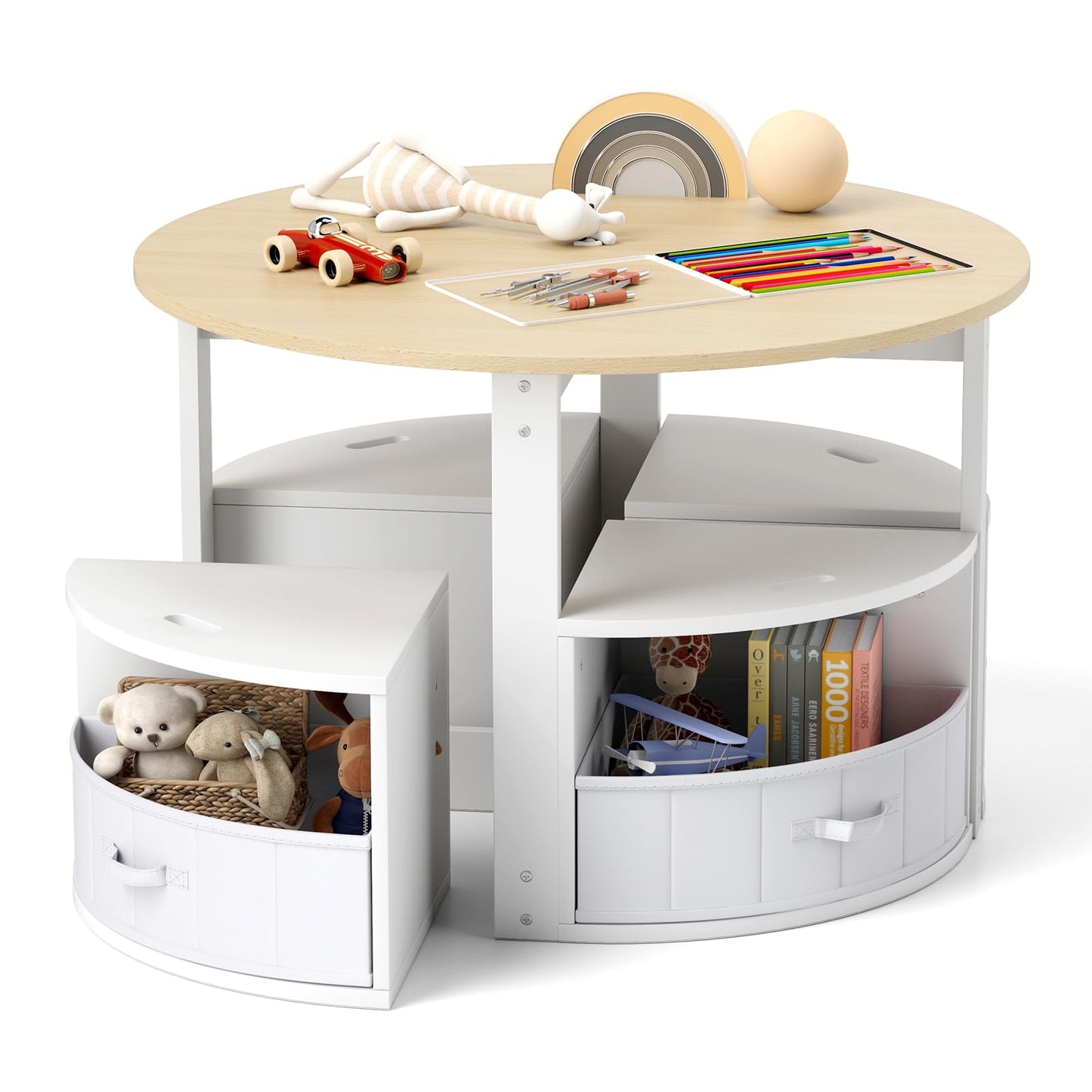 5 Piece Kids Table and Chair Set Round for 4 with 4 Fabric Drawers