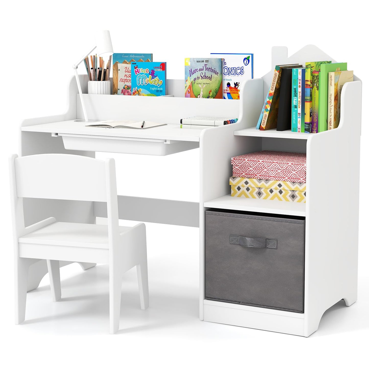 Kids Study Desk and Chair Set Children Study Table with Open Shelves