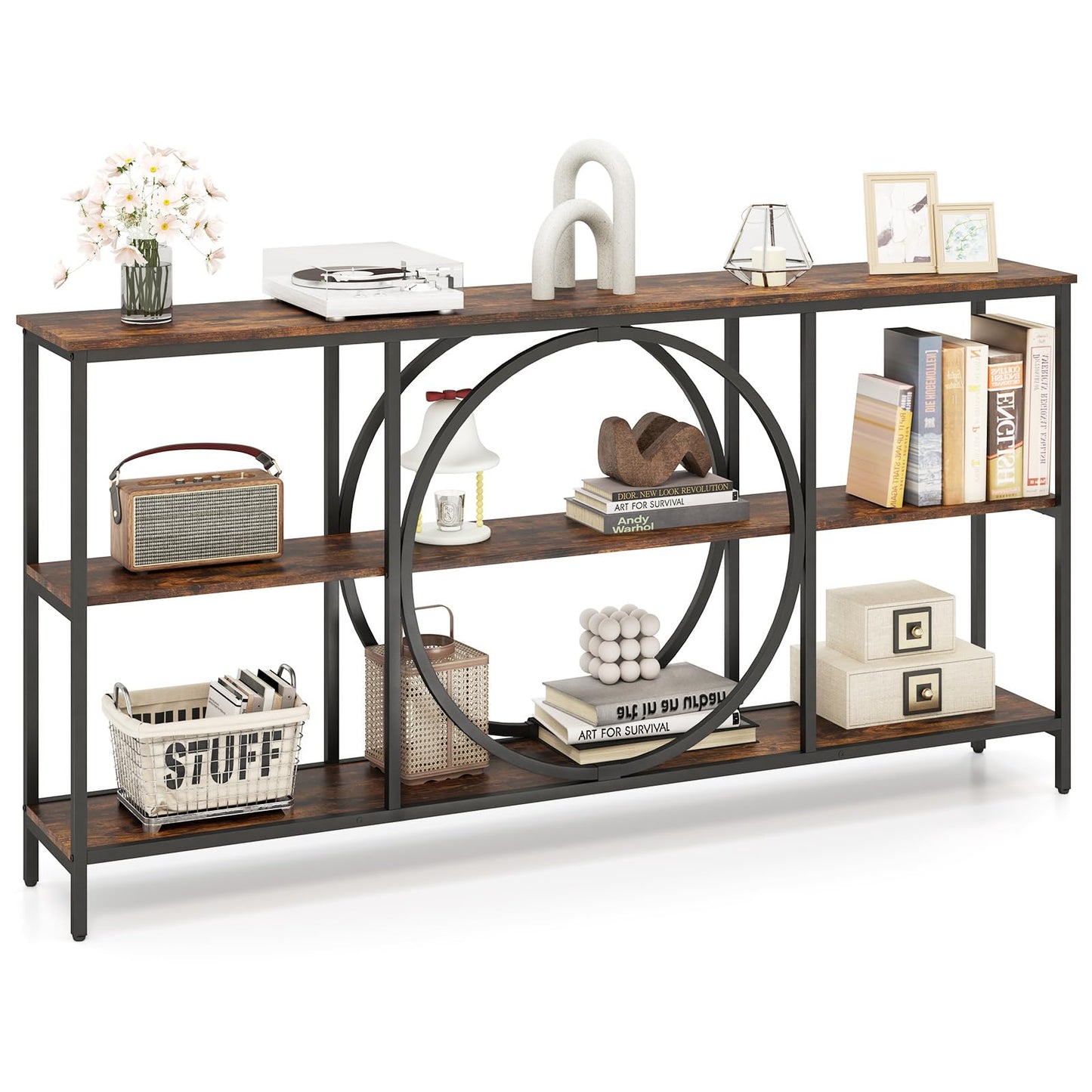 3 Tier Console Table with Faux Wood Grain Top