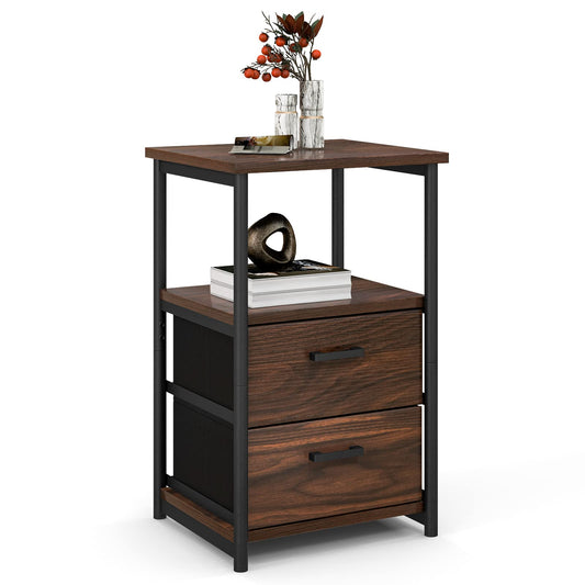 Metal Frame Bedside Table with Open Shelf and 2 Drawers