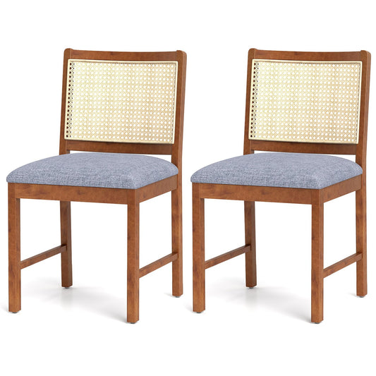 Rattan Dining Chair Set of 2 with Rubber Wood Frame and Linen Fabric Padded