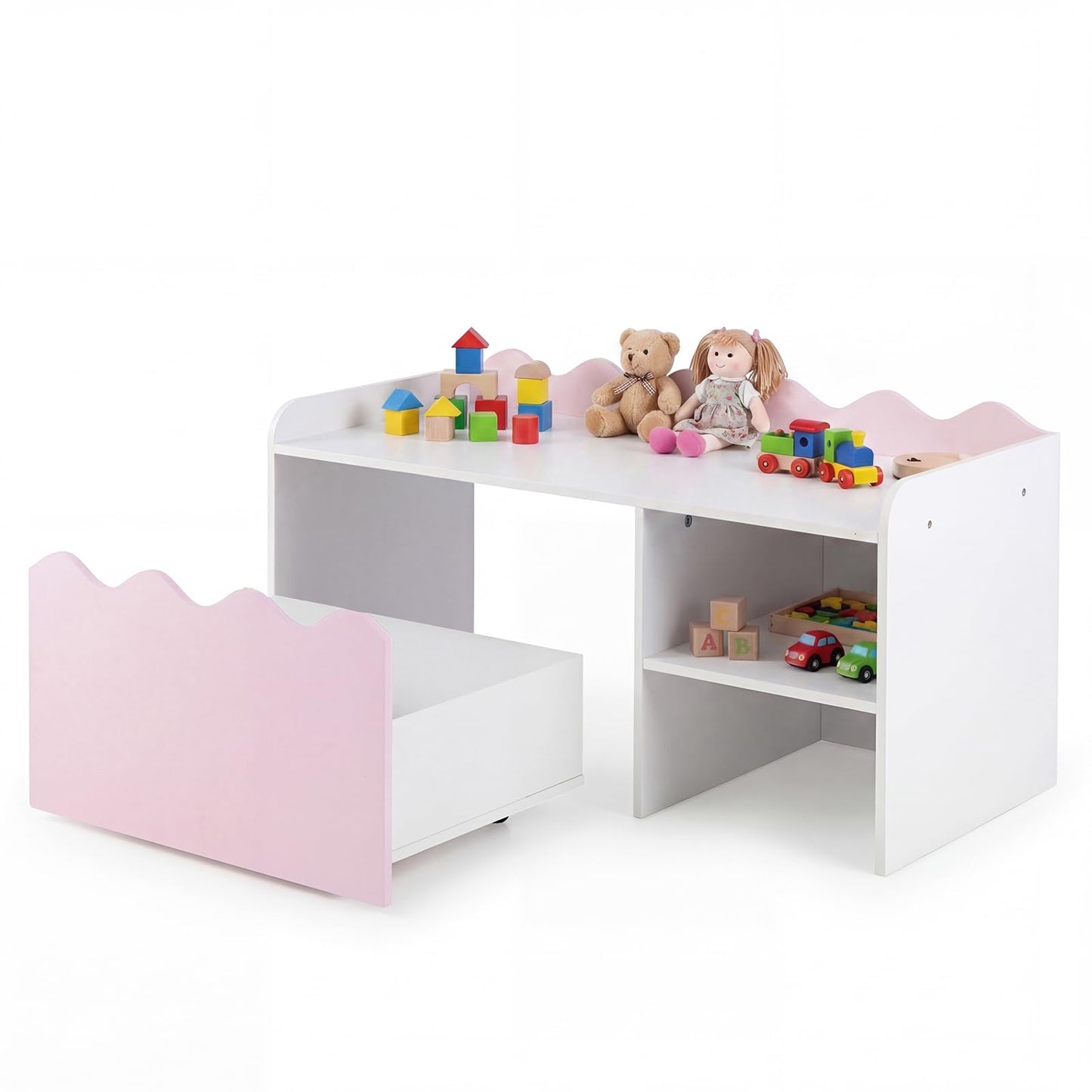 Scalloped Kids Bookshelf with Movable Drawer and Anti-Toppling Kit for Playroom