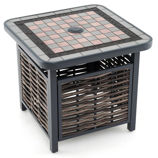 55cm All-Weather Square Patio Rattan Side Table with Umbrella Hole
