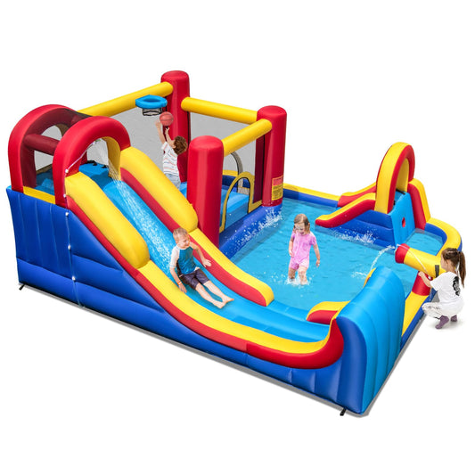 Inflatable Water Park, Kids Bouncy Castle with Double Slides, 2 Splash Pools