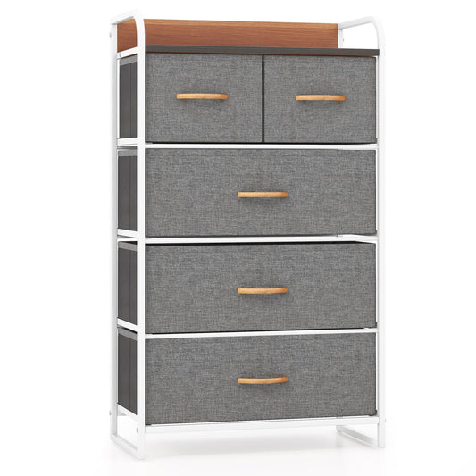 Vertical Dresser Storage Tower with Wooden Top and 5 Drawers