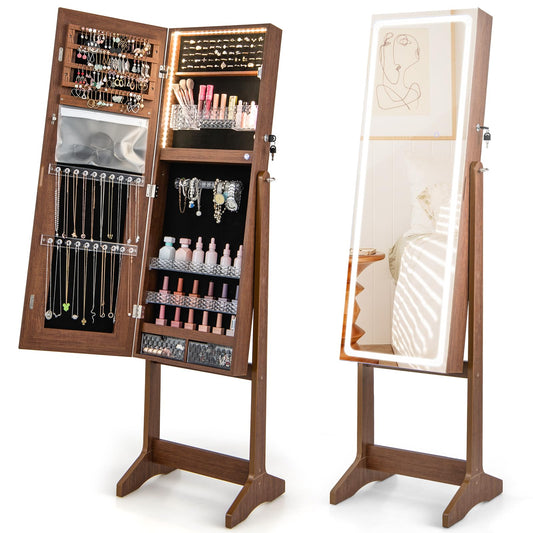Standing Jewelry Cabinet with LED Lights Lipstick Box and 2 Drawers